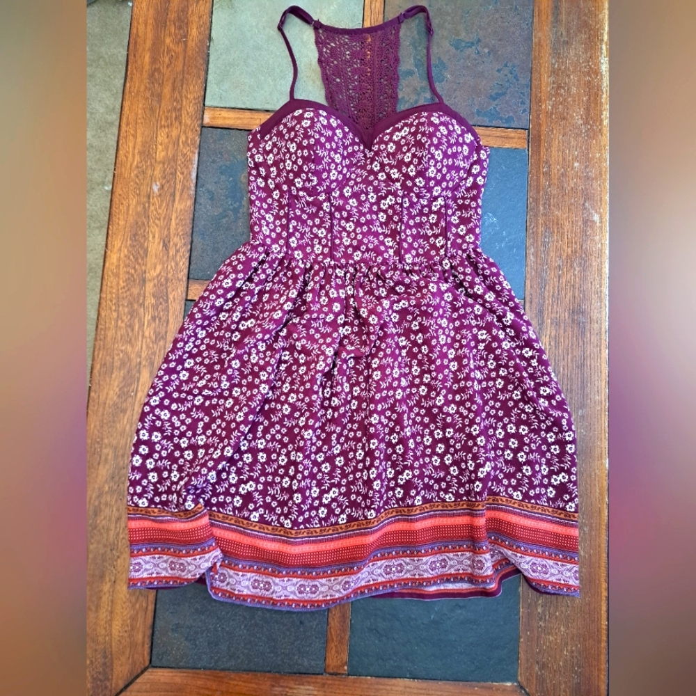 Boho Floral Maroon Dress with Crochet Back and Pockets